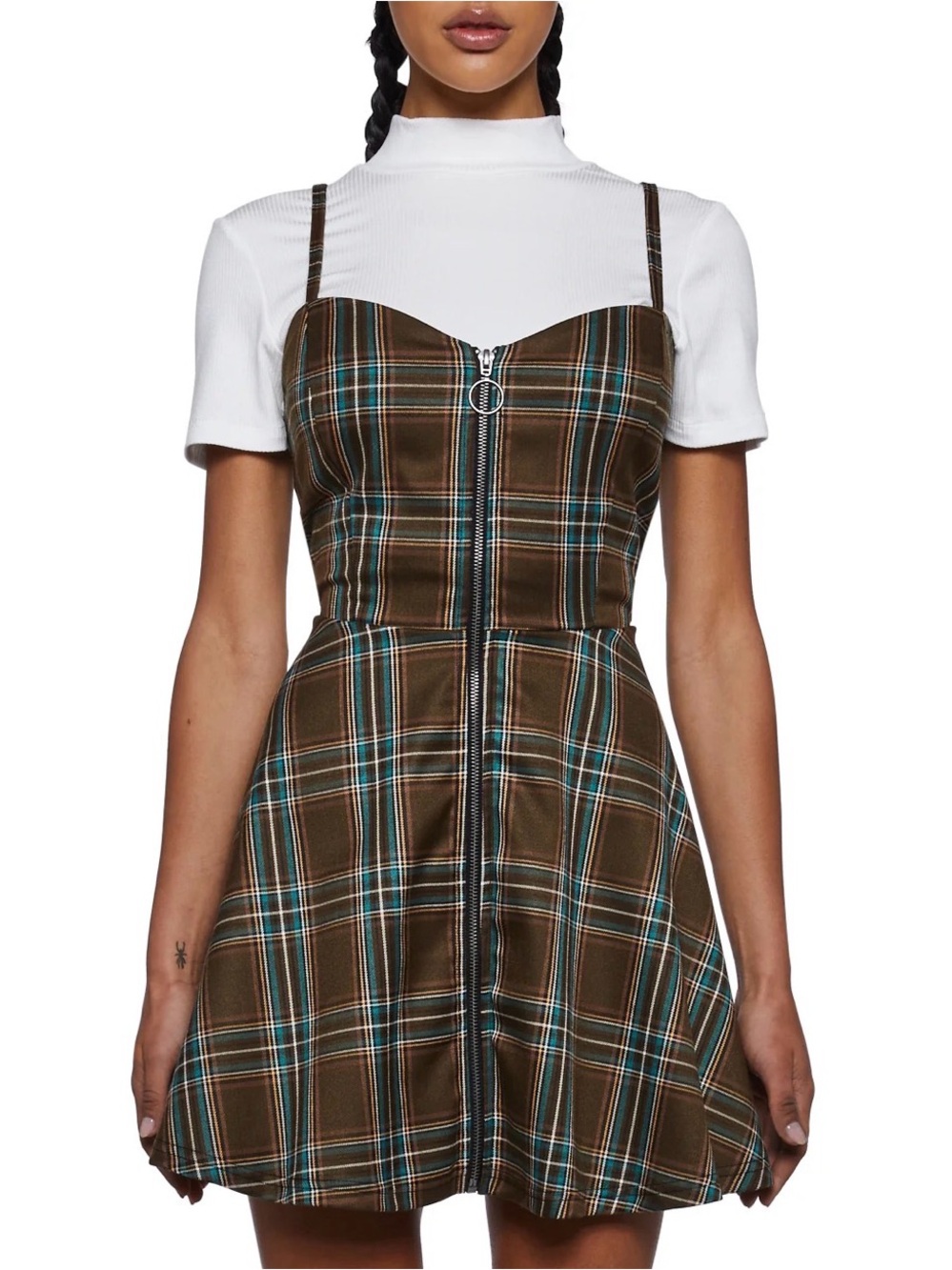 Plaid Zip-Front Brown Mini Dress and Top Set